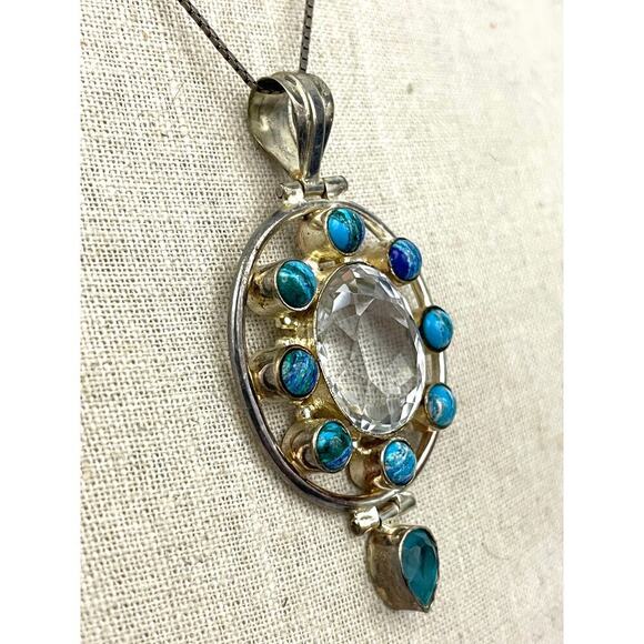 VTG 925 Silver Blue Clear Pendant Italy Chain Necklace Cluster 18" - Picture 11 of 16